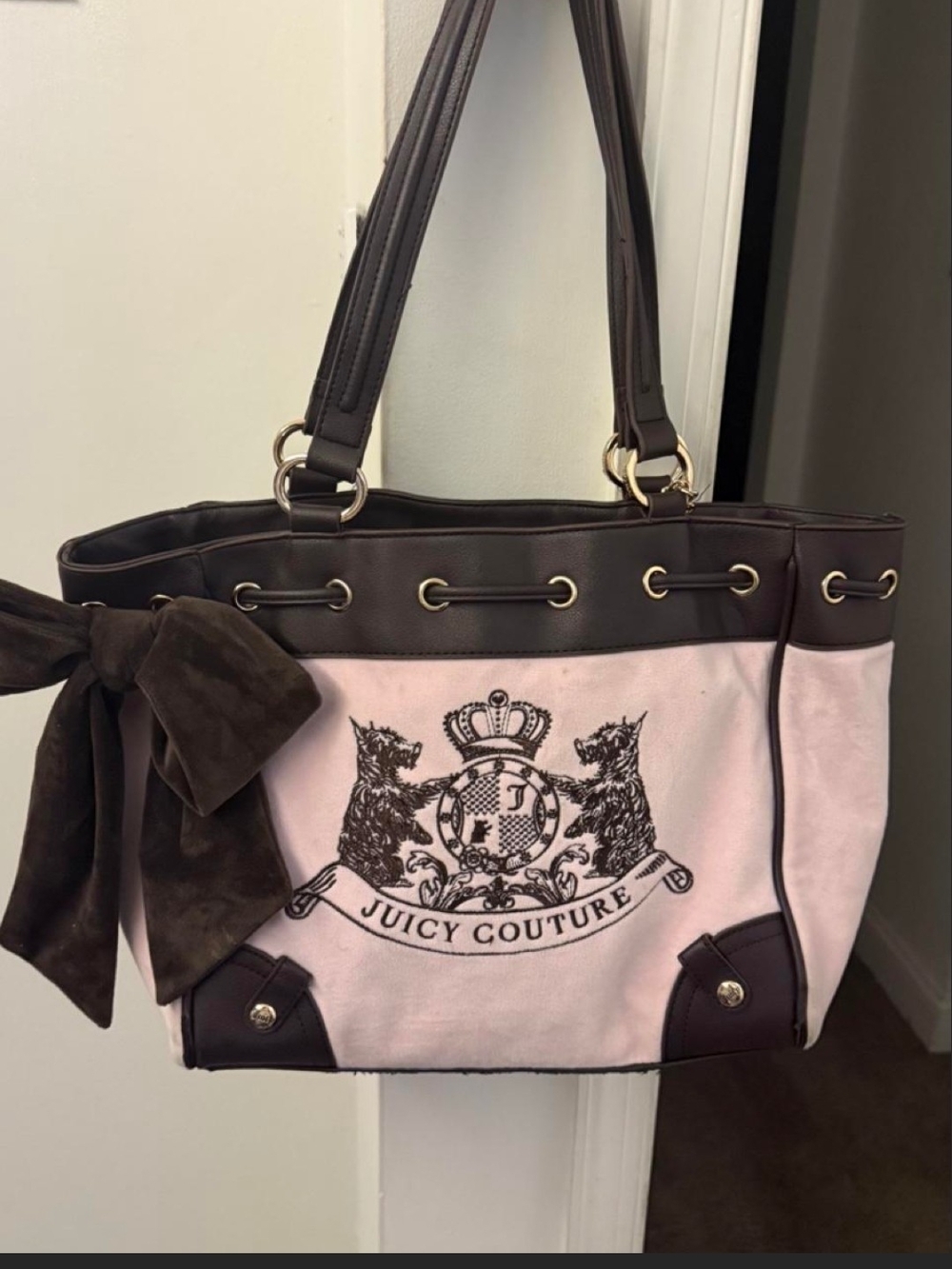 Juicy Couture Pink Canvas Tote with Brown Trim and Bow Accent